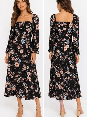 Shein Black Floral Square Neck-Line/Long Sleeve Maxi/Midi Dress Women's Size 6